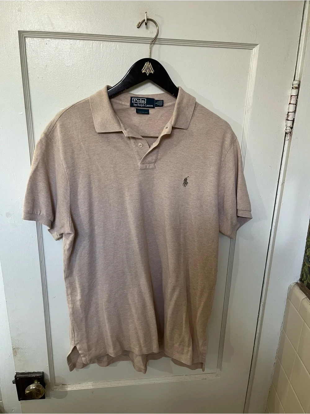 VTG Polo Ralph Lauren Custom Slim Fit Polo Shirt Large L Heather Tan Beige EUC